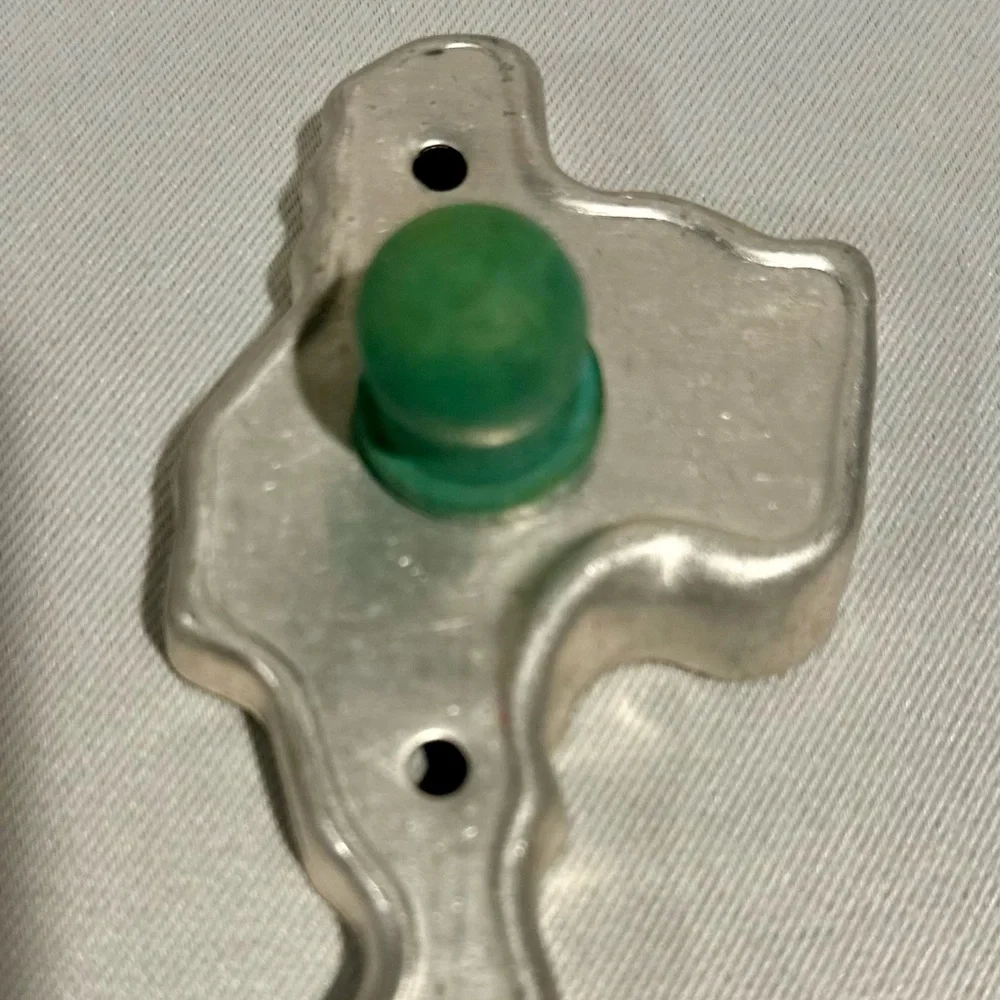 Vintage Aluminum Santa Cookie Cutter 40s Era Green Wood Handle Made in USA